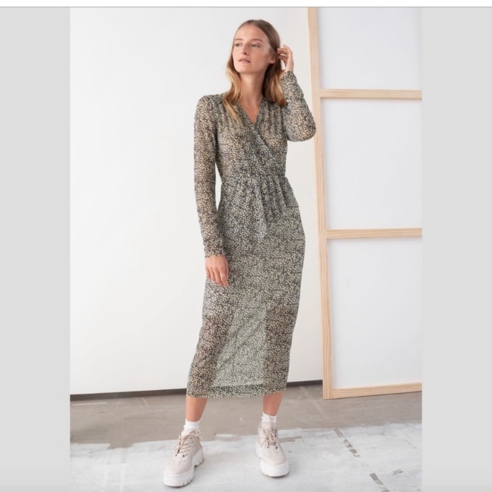 & Other Stories Sheer Floral Midi Ruffle Dress